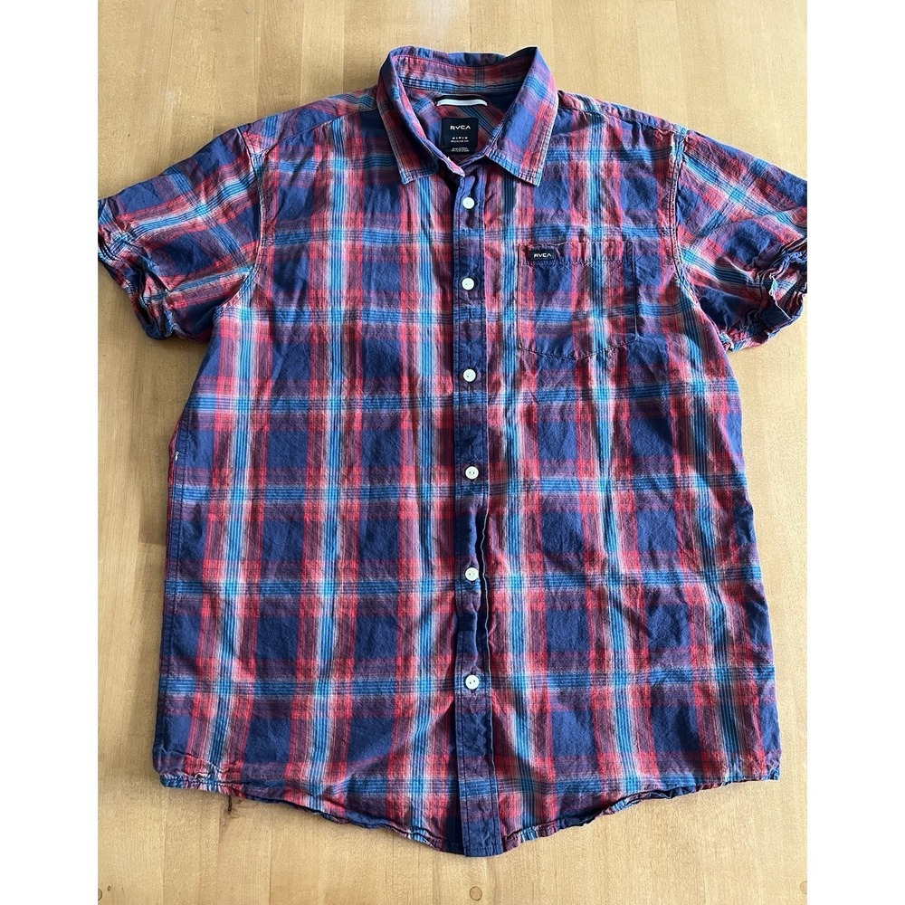 RVCA Men's Button Down Red Stripe Print Summer Shirt Sz M Medium‎ Plaid Skater